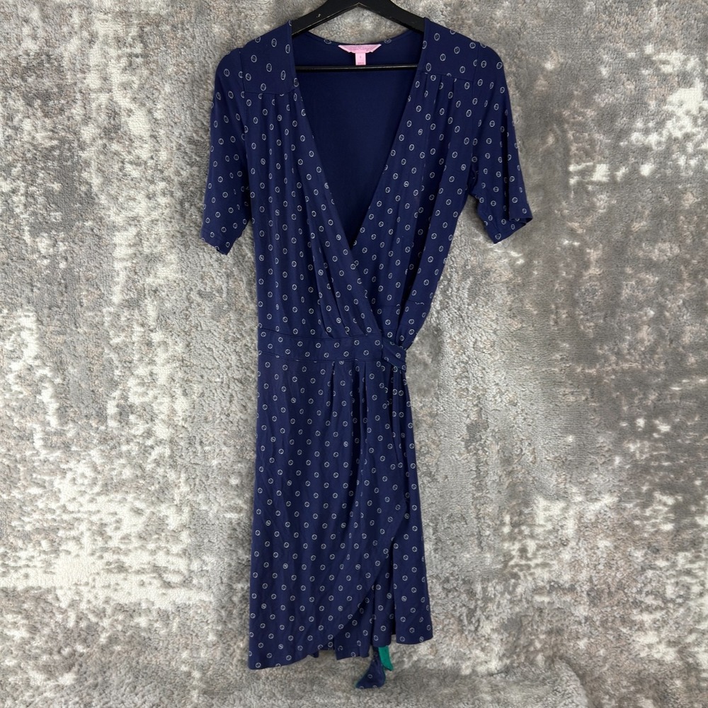 Lilly Pulitzer Size S Geometric Knee Length Wrap Dress Navy Short Sleeve V Neck